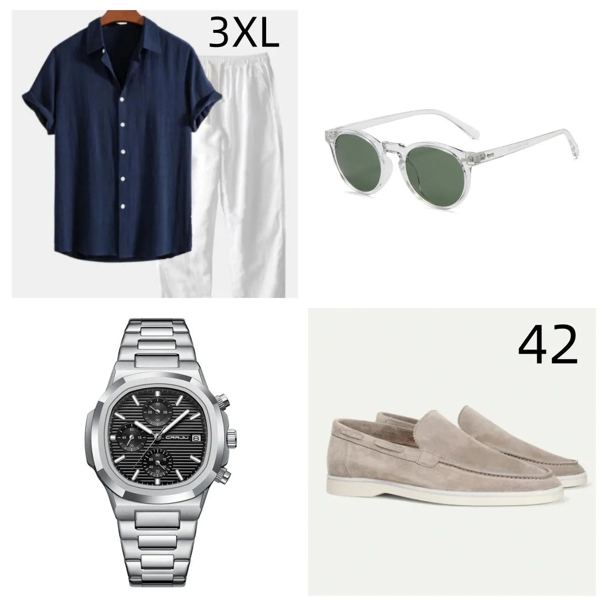 Cotton linen casual summer suit in navy blue with matching accessories including glasses, shoes and watch