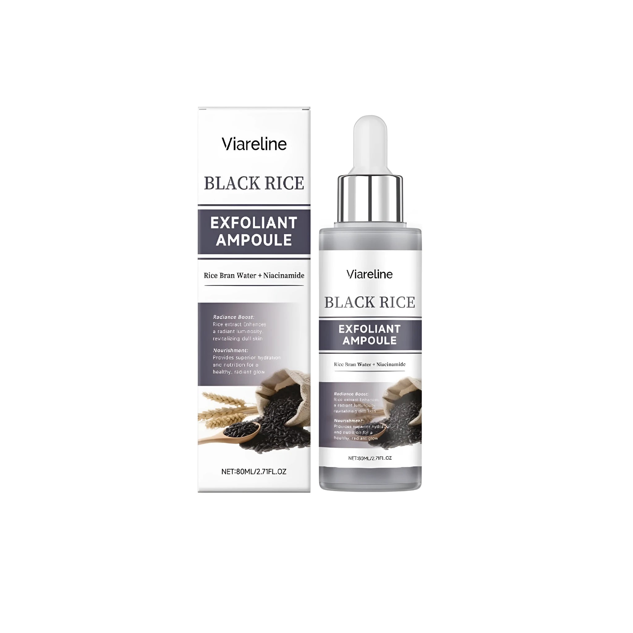 80ml bottle of black rice exfoliating liquid facial treatment essence on a plain background.