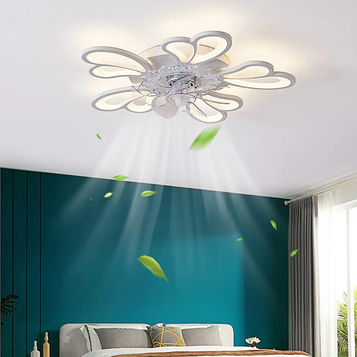 Modern white ceiling fan light with six blades and integrated light, bauhinia flower design.