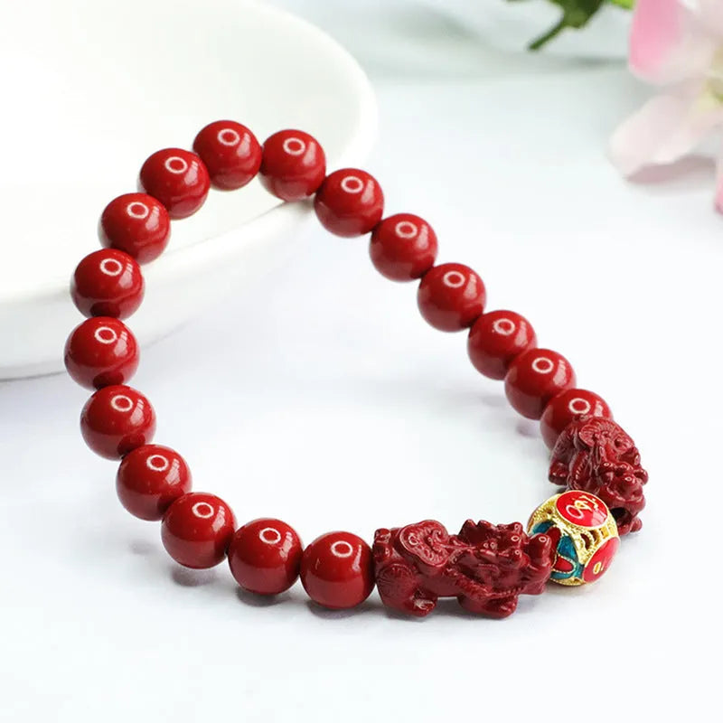 Purple gold sand cinnabar women's bracelet with double Pixiu carving, 8mm diameter