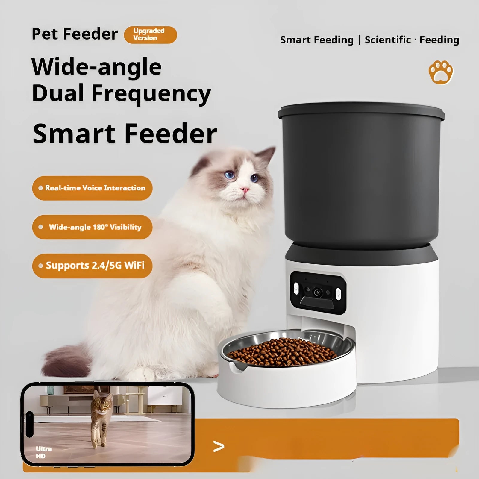 4-litre automatic pet feeder with optional camera and choice of stainless steel or plastic bowl