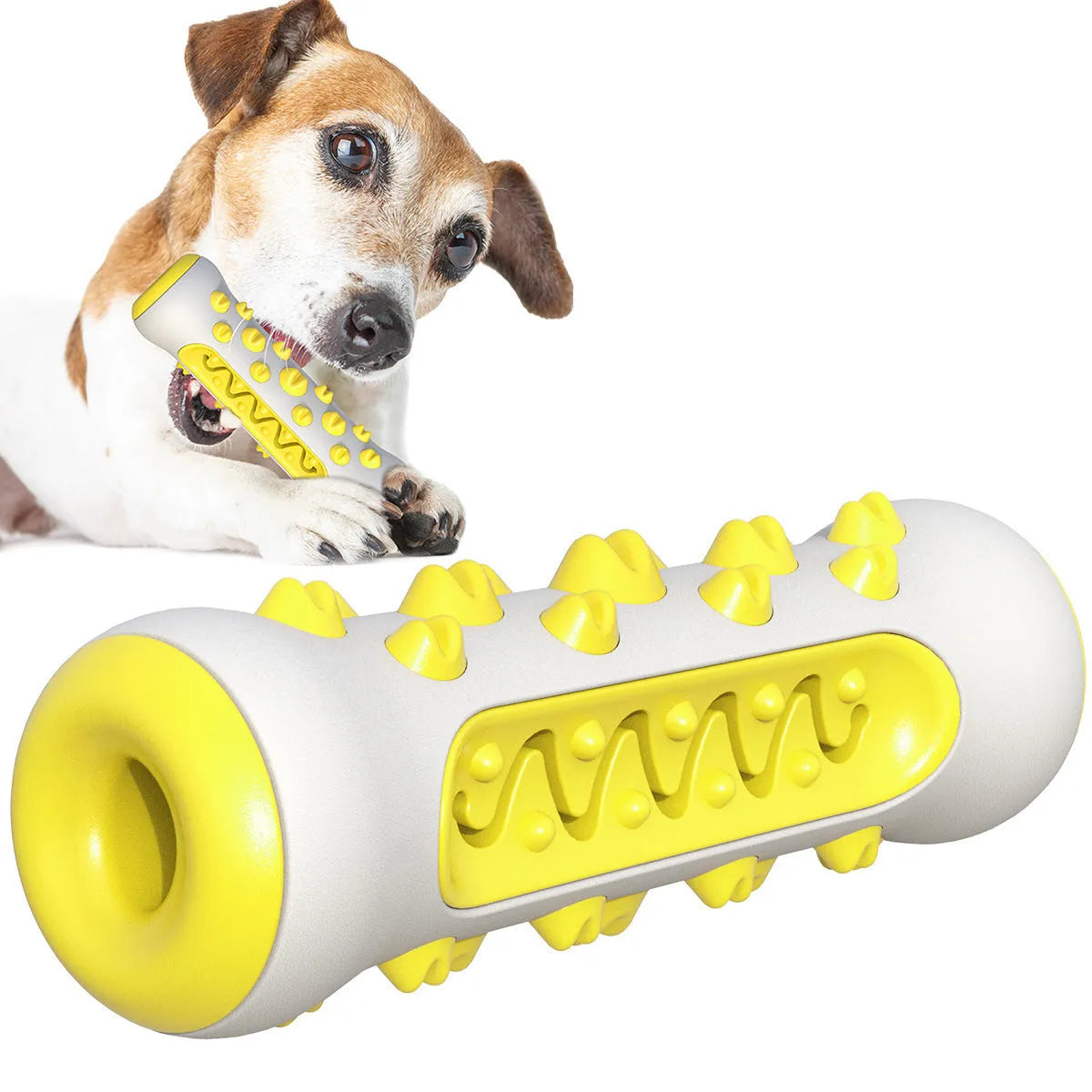 Natural rubber dog dental chew toy in blue, shown as a toothbrush-shaped stick for teeth cleaning.