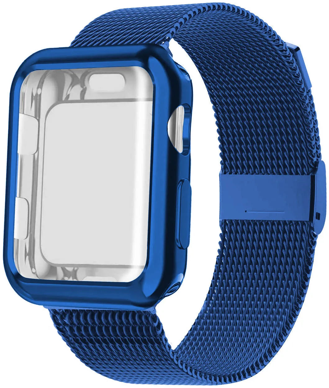Magnetic Milanese loop metal strap for Apple Watch in silver, shown attached to a watch.