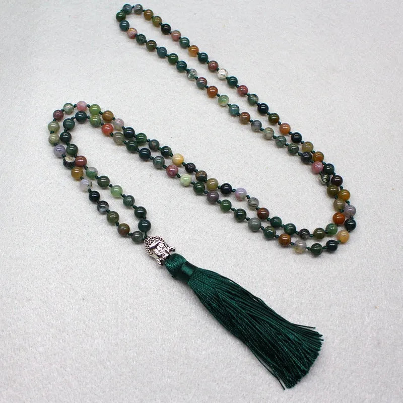 Indian agate 108-bead blessing necklace with 6mm geometric stones on a cord.