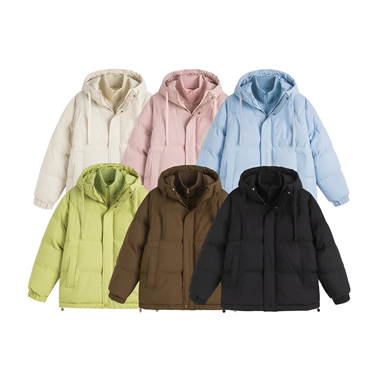 Loose thick polyester cotton-padded jacket in light blue on a hanger showing side seam pockets.