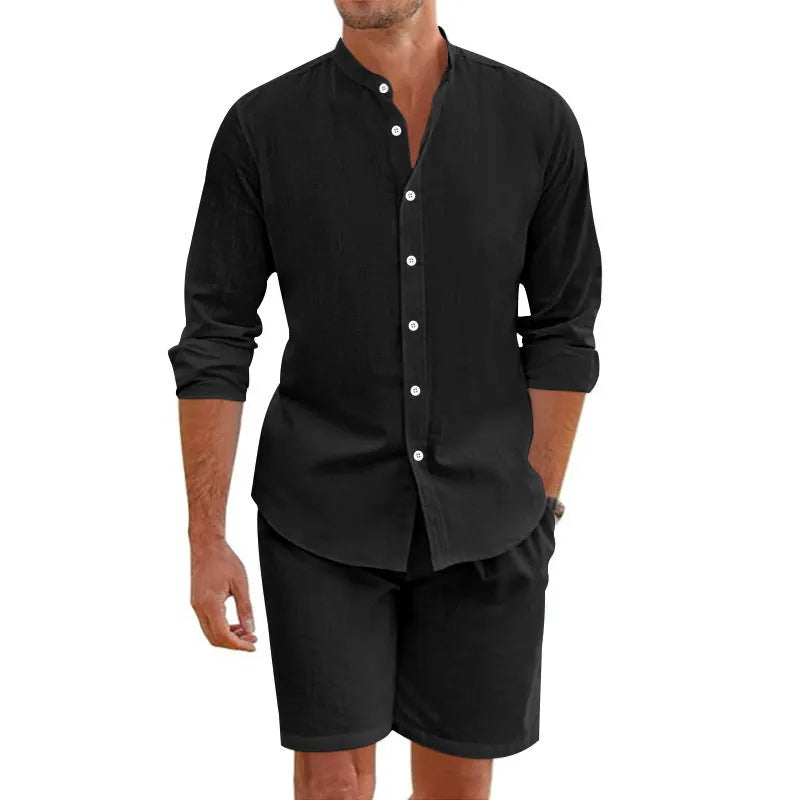Men's dark grey linen blend short sleeve shirt and matching drawstring shorts set on a hanger.