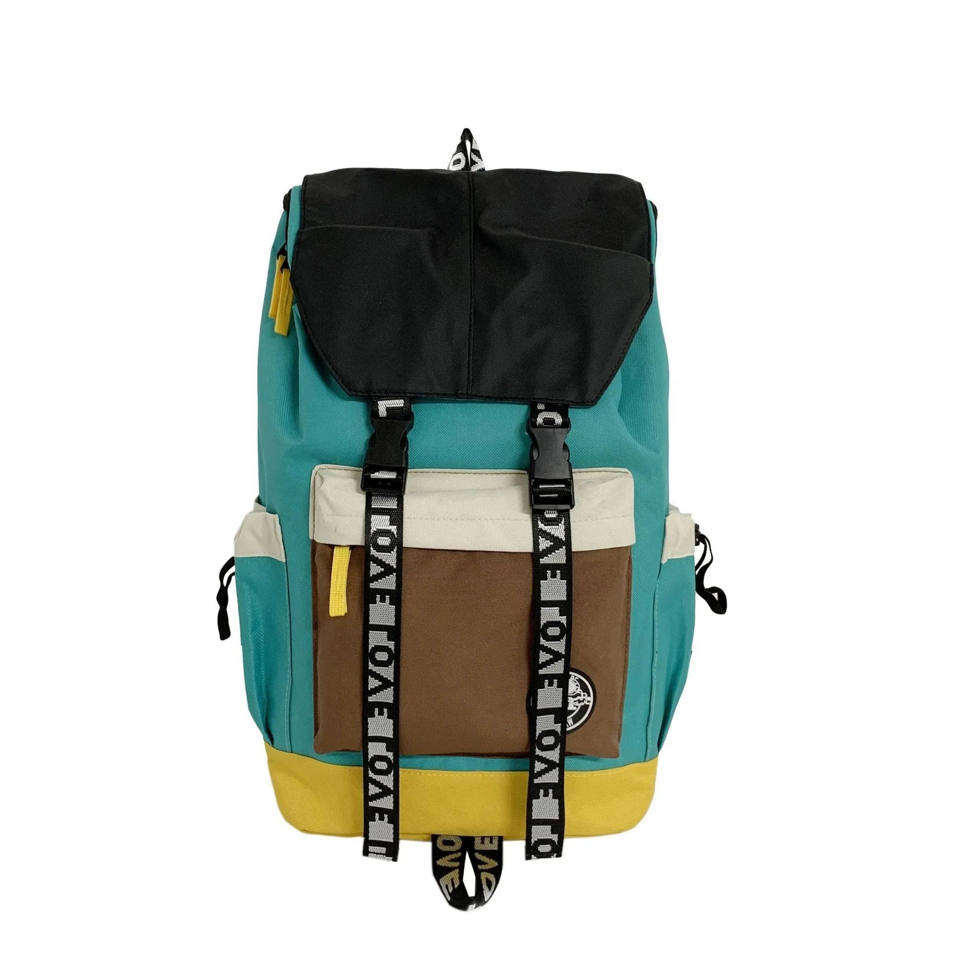 Oxford cloth backpack in black, green, or red with multiple carry handles and straps.