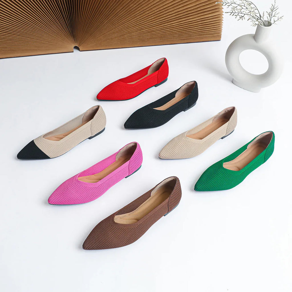 Women's apricot-coloured knit flat pumps with a pointed toe and slip-on design on a white background.