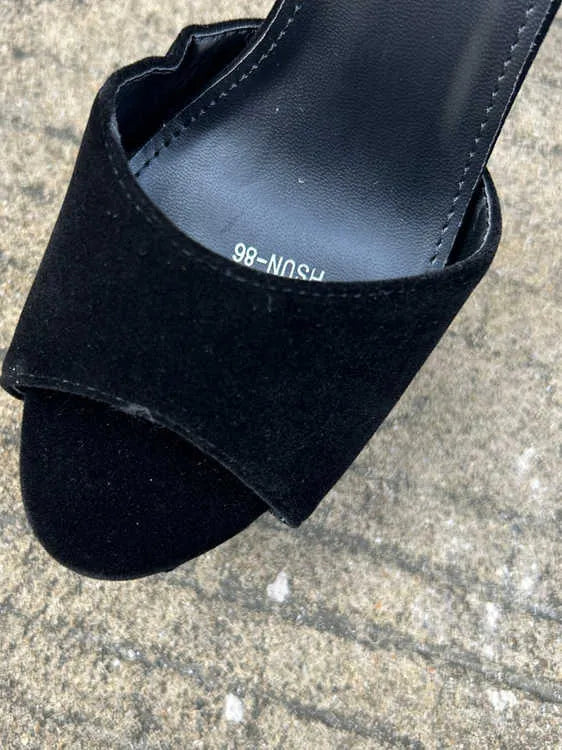 Black women's 13cm chunky heel platform sandals with suede upper and ankle-strap buckle