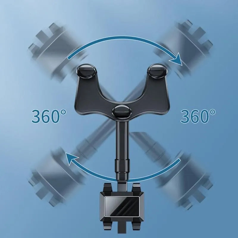 Black rearview mirror phone holder with 360° rotation and telescopic arm extended