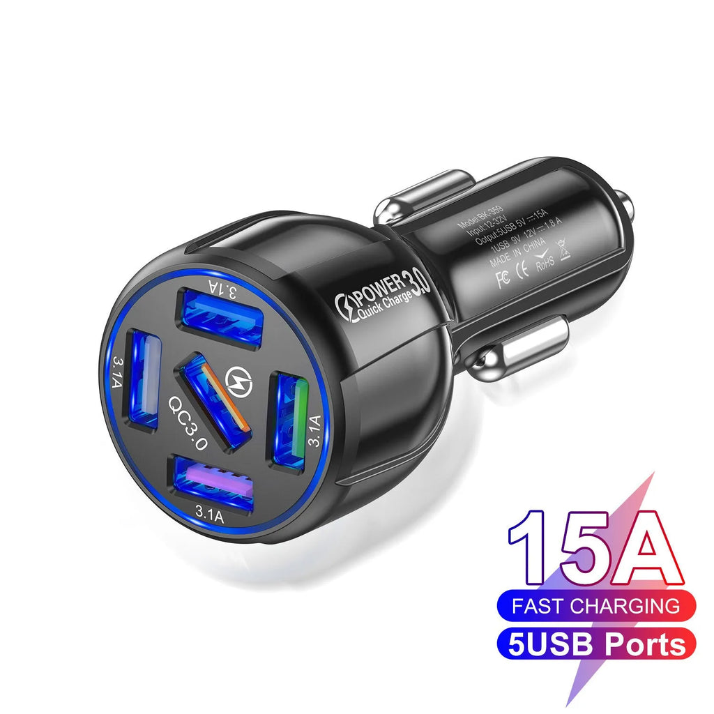 5-port QC3.0 15A USB car charger in black with five USB ports and fast charge label