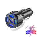5-port QC3.0 15A USB car charger in black with five USB ports and fast charge label