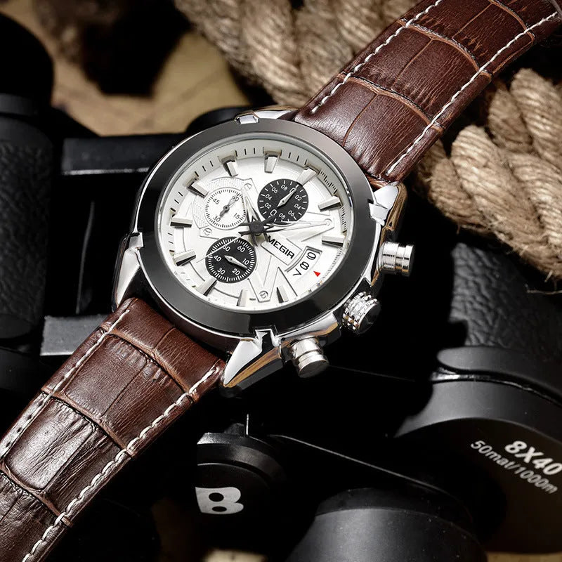 Men's brown and white dial chronograph watch with three subdials and luminous hands on a black strap.