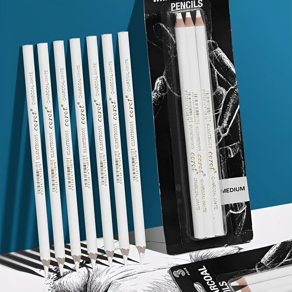 Wooden highlighting pen sketching white powder lead brush with white charcoal pencils in multi-pack box