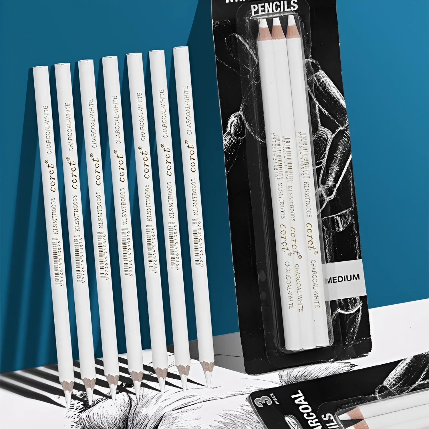 Wooden highlighting pen sketching white powder lead brush with white charcoal pencils in multi-pack box