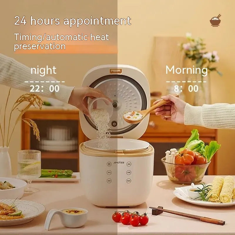 White or beige 3L multi-function rice cooker with accessories on kitchen counter