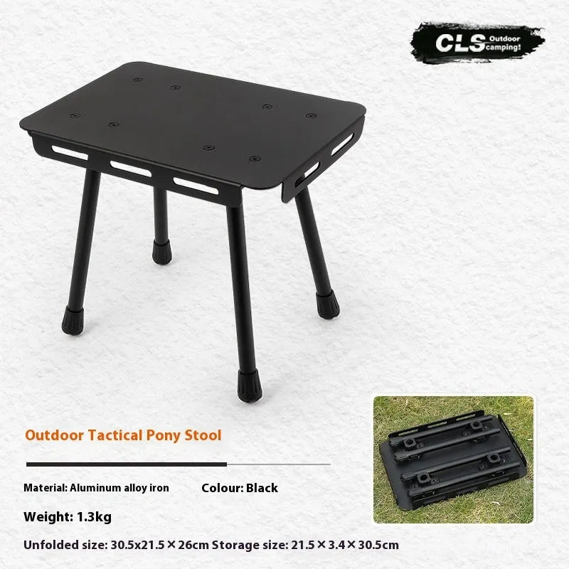 CLS aluminium dual-use folding camping stool converted into a small table next to its storage bag.