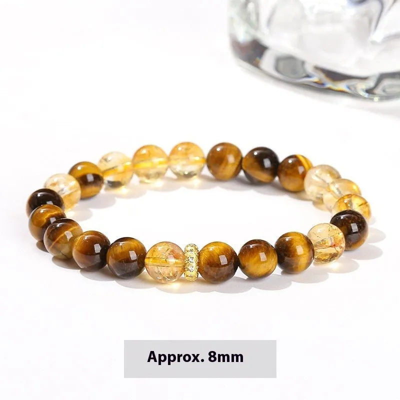 Natural yellow tiger stone and yellow crystal bracelet with 8mm beads and geometric design