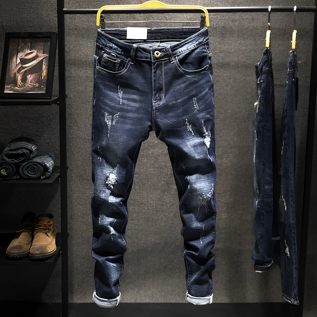 Men's dark blue and light blue slim-fitting skinny jeans made from cotton denim.