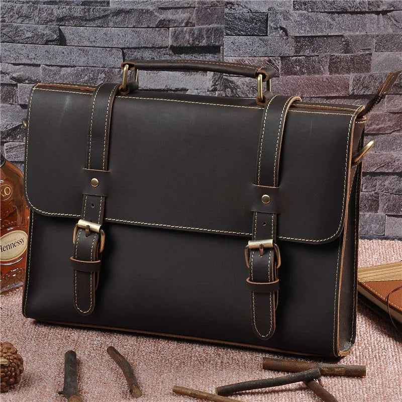 Men's genuine cowhide crazy horse leather handbag in dark brown with lock opening, 13 inches