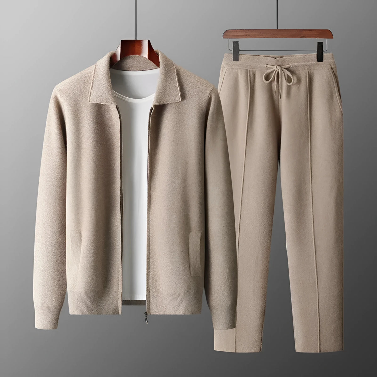 Men's thickened wool knit cardigan suit with loose lapels, long-sleeve top and trousers in camel or purple blue