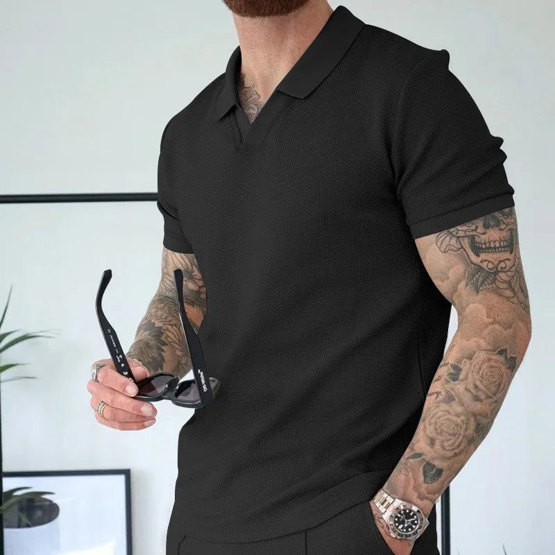Men's two-piece lapel polo suit in polyester, available in khaki, royal blue, black, white and light grey, sizes M to 3XL.