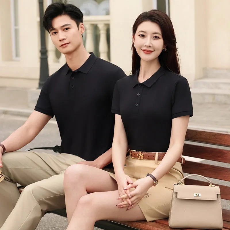 Lapel collar polo t-shirt in cotton blend fabric showing short sleeves and pullover style