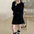 Women's grey Art Retro knitted set with 3D pattern, featuring a pleated midi skirt and long-sleeve cardigan.