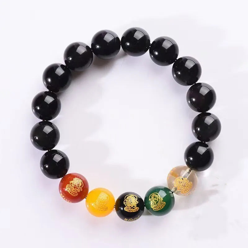 Men's rainbow eye obsidian and gold obsidian crystal bracelet with xiangyun motifs in New Chinese style