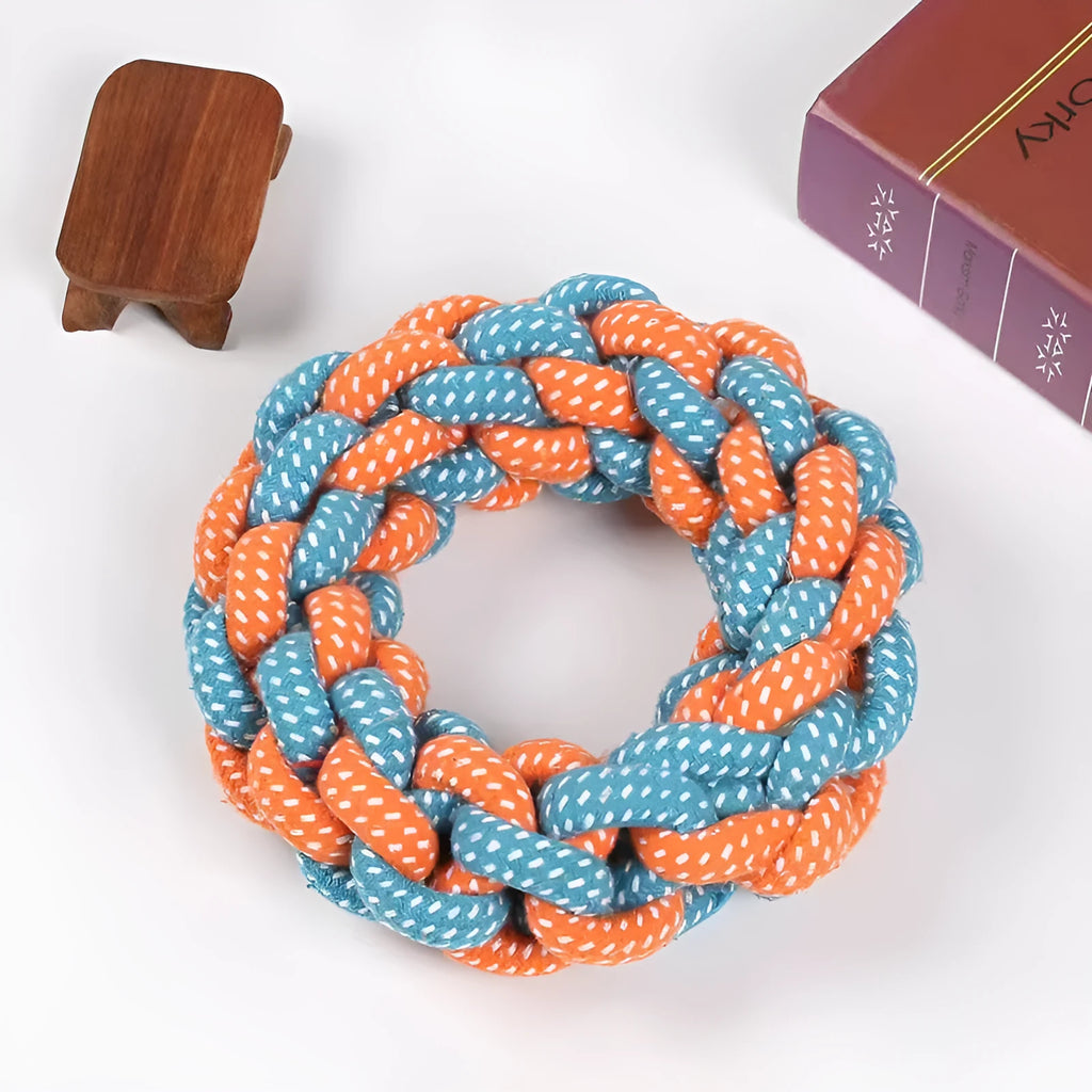 Cotton braided ring dog chew toy showing textured woven surface and approximate 18cm diameter
