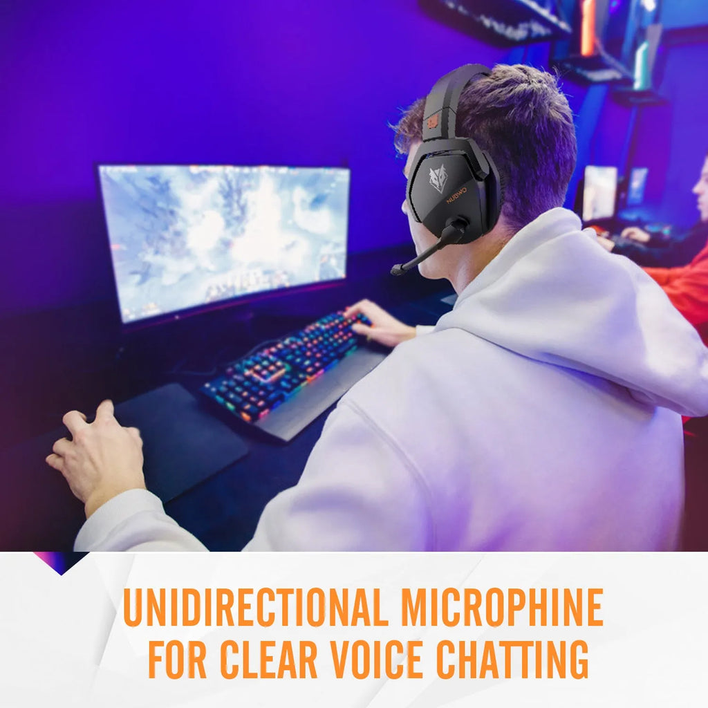 Black orange wireless gaming headset with head-mounted design and dual USB/Bluetooth connectivity