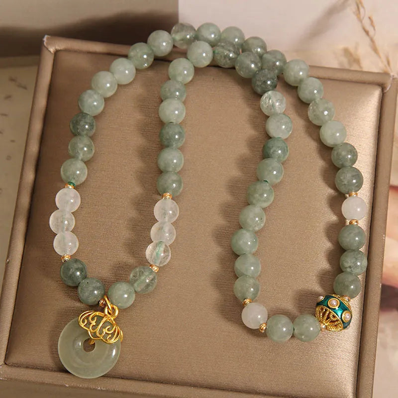 Women's aventurine crystal bracelet with double-layer design and peace buckle in oil green jade colour