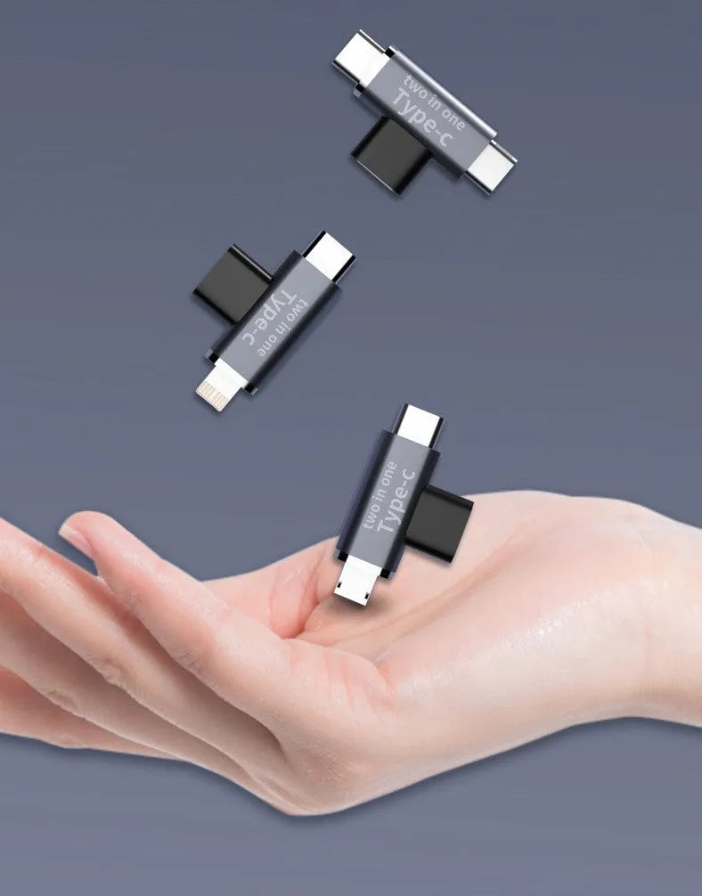 Aluminium alloy Type-C female to dual Type-C male T-type one-to-two adapter on white background