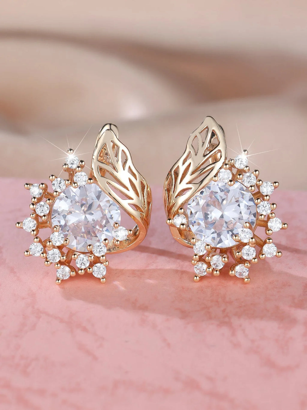 Round flower feather zircon earrings with rose gold electroplated finish and diamond accents
