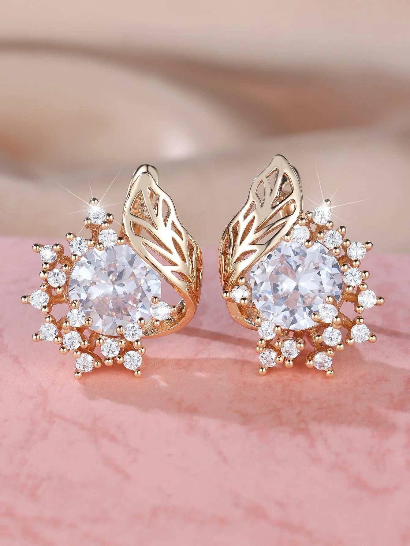 Round flower feather zircon earrings with rose gold electroplated finish and diamond accents