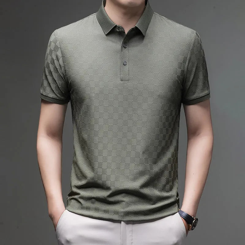 Men's thin rhombus knit short sleeve T-shirt in black, shown with a slit hem detail.
