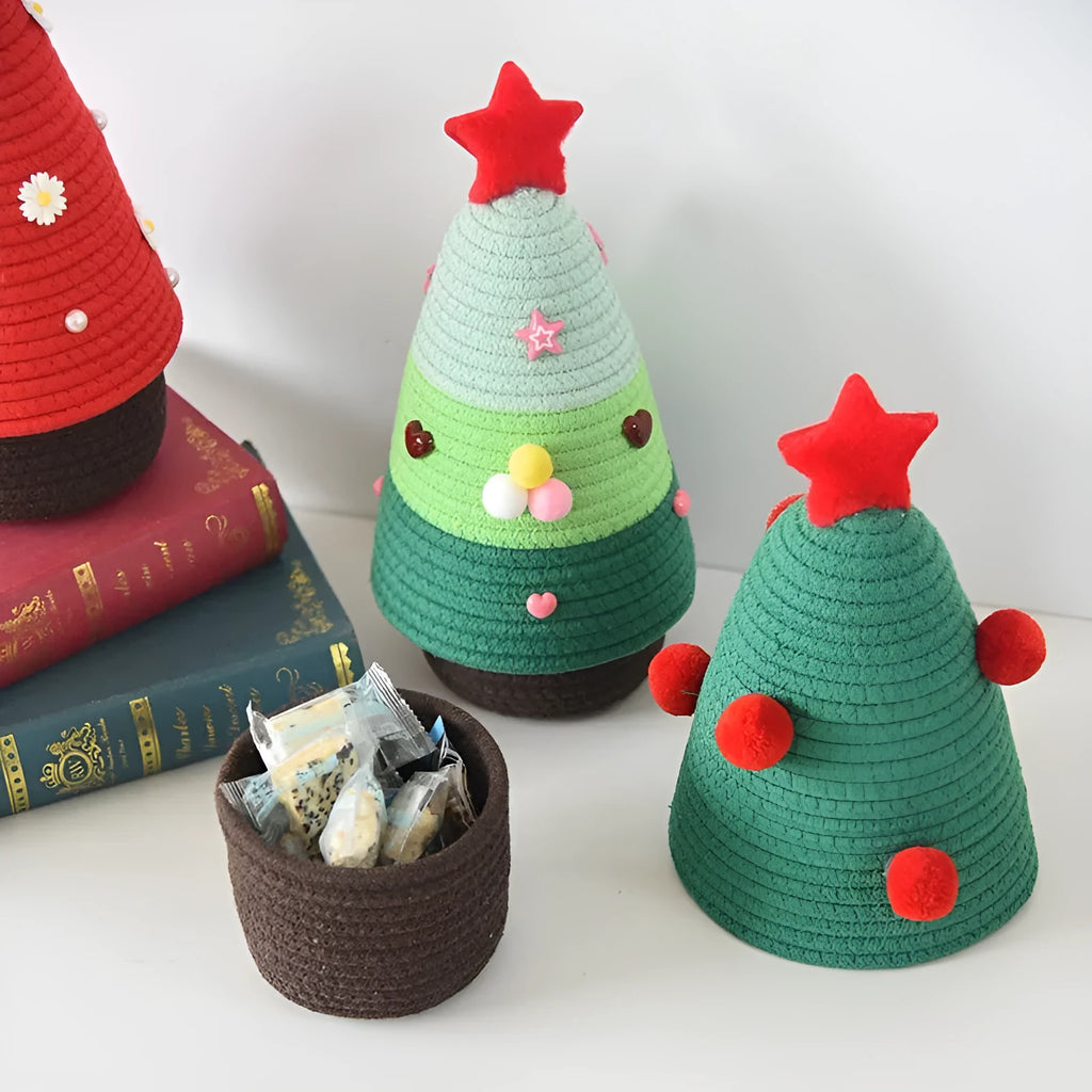Cotton thread Christmas storage basket for small items, available in green and red colour options