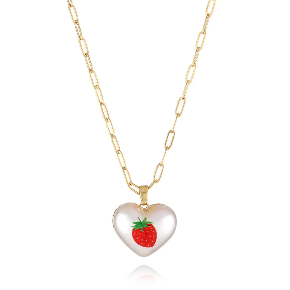 Geometric fruit pendant necklace with adjustable chain showing strawberry pineapple apple pear cherry designs