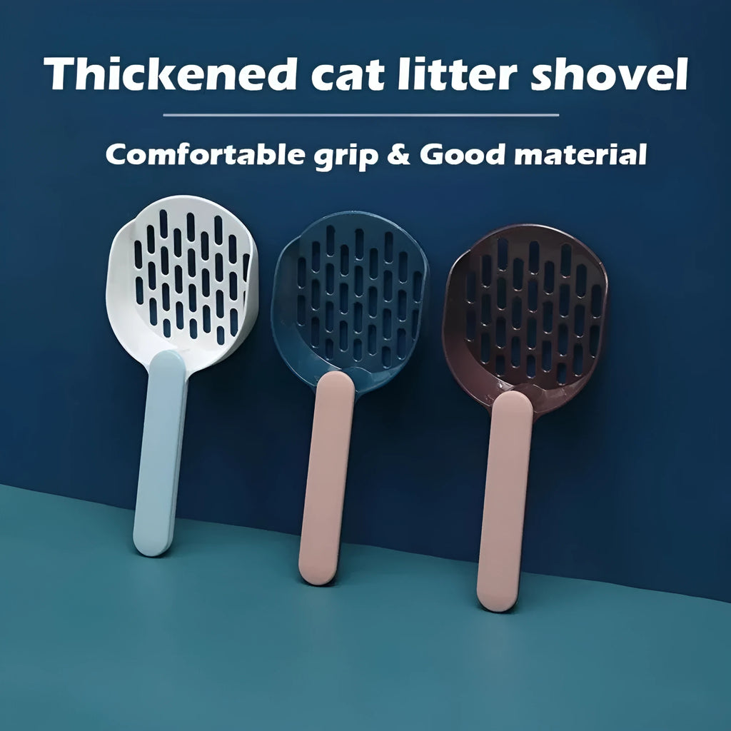 Blue plastic cat litter shovel for cleaning litter boxes measuring 26.6cm long