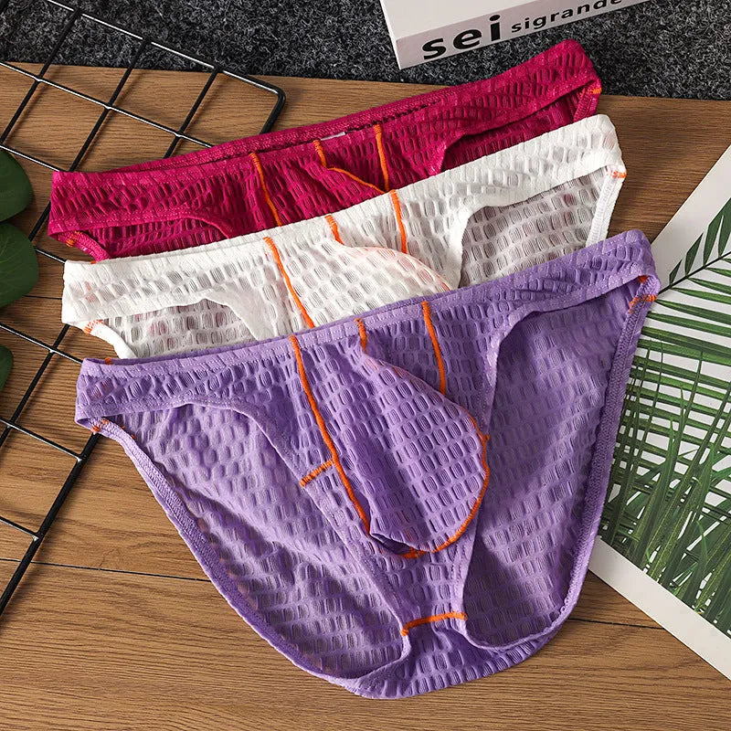 Men's low waist briefs in ice silk lace fabric on a solid background, showing the sports design.