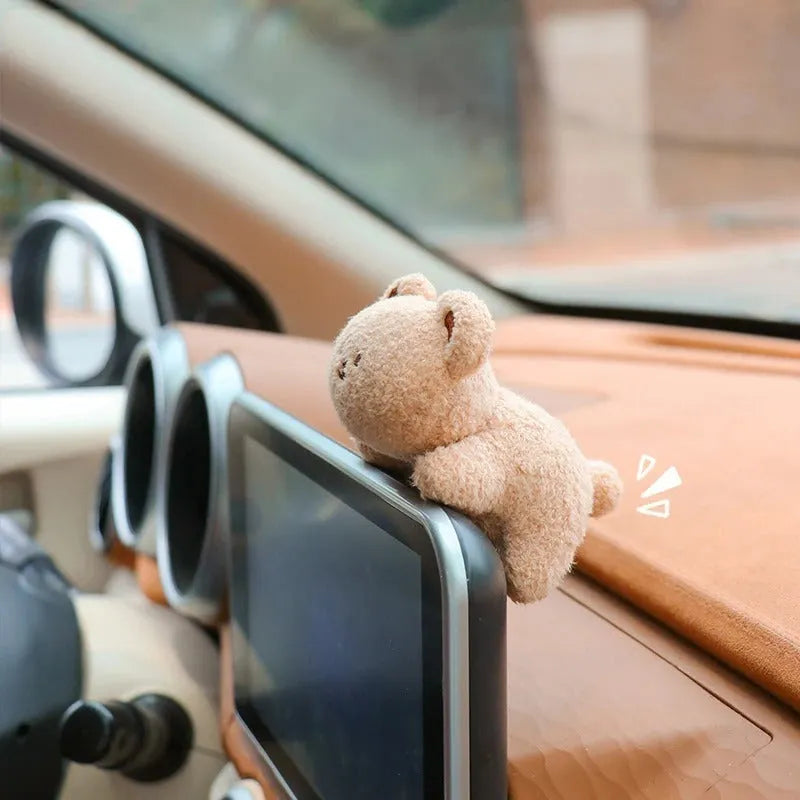 Soft fabric plush doll car decoration for dashboard or centre console in cartoon bear and bunny designs.