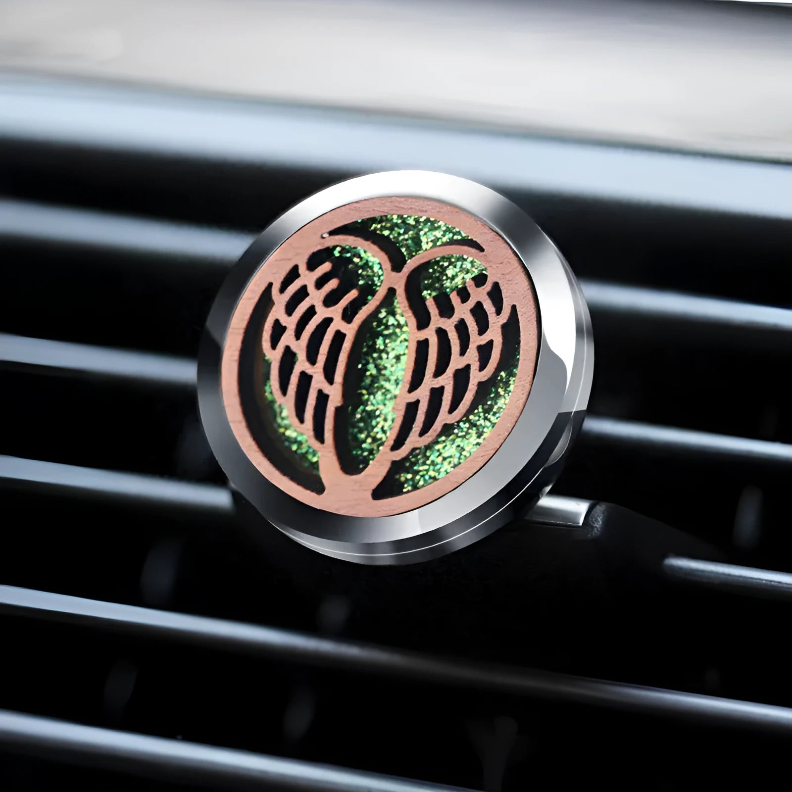 Round car hollow wood aromatherapy clip in alloy wood construction showing vent attachment