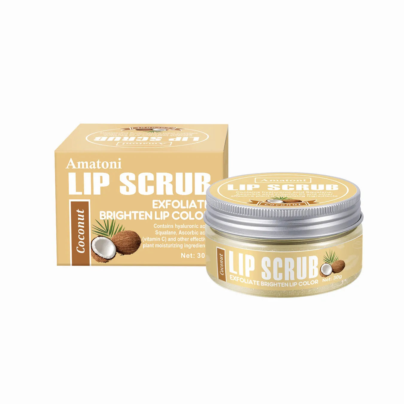 Amatoni Lip Scrub 30g tube in fruit flavours: coconut, raspberry, vanilla, watermelon