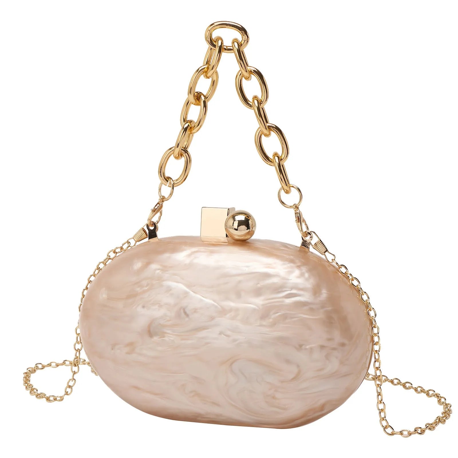 Hard acrylic oval clutch bag with chain strap in a pearlescent colour with phone and file compartments visible.