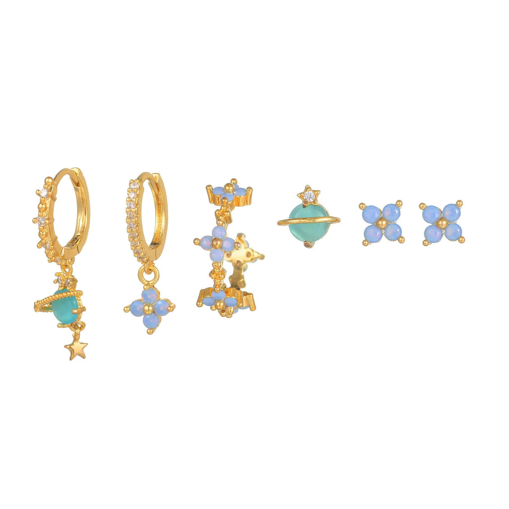 Gold and silver floral ear studs with zircon mosaic details in Japanese Korean style.