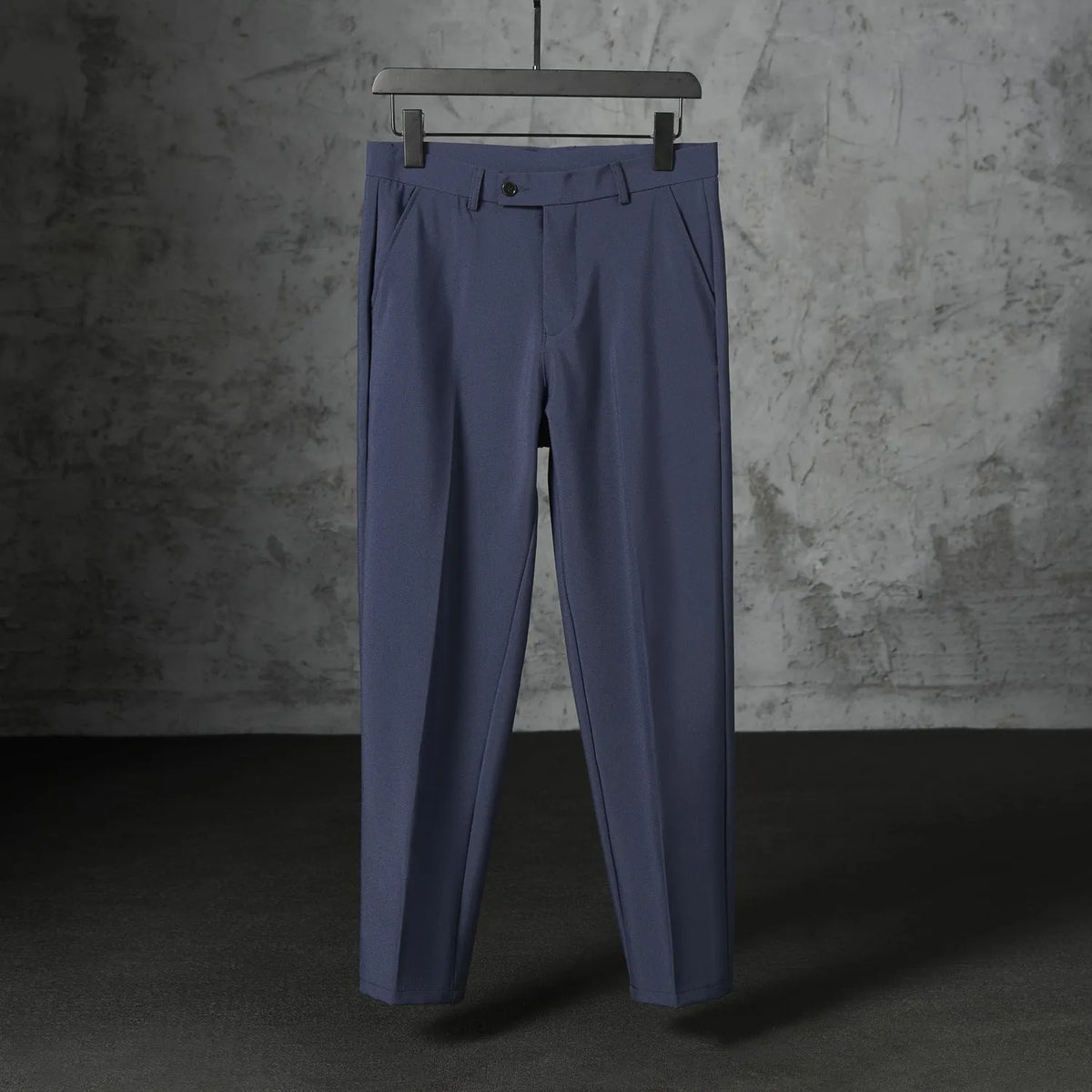 Men's straight leg suit trousers in polyester with brushed finish, light business style, nine colours, sizes 27 to 38.