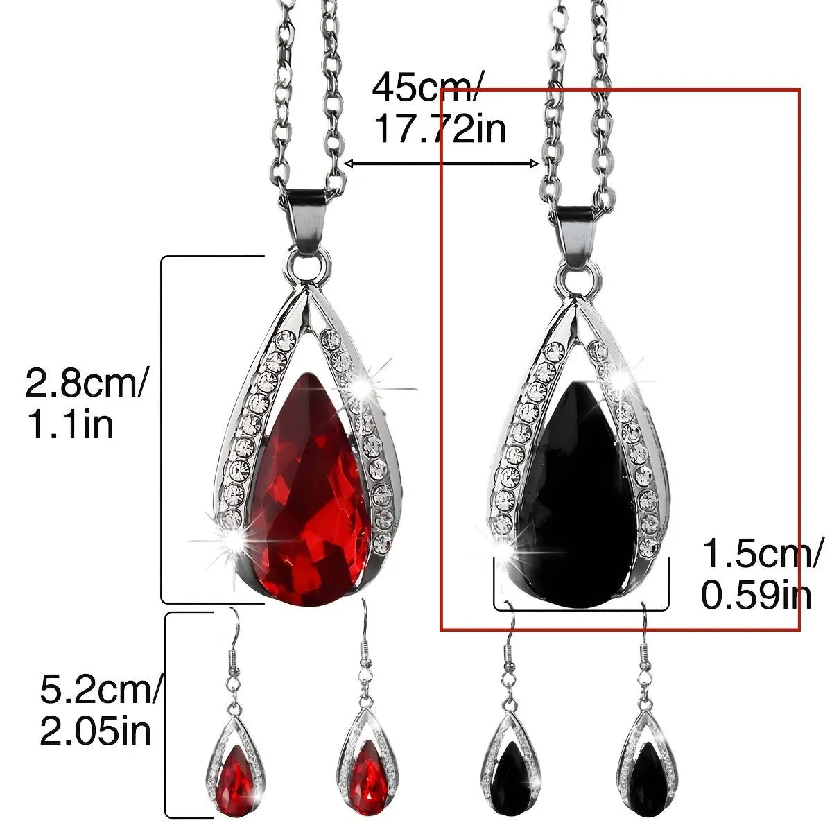 Black and red teardrop-shaped glass pendant necklace and matching earrings set on alloy chain.