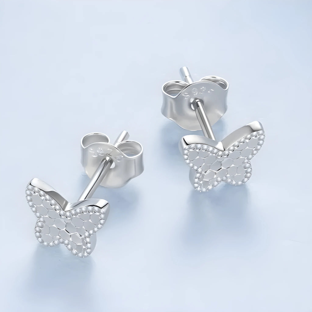 Pair of original S925 sterling silver shining butterfly stud earrings with electroplated finish for women