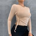 Slim-fit round-neck long-sleeve glossy knit top for women in khaki with shirring details, pullover style