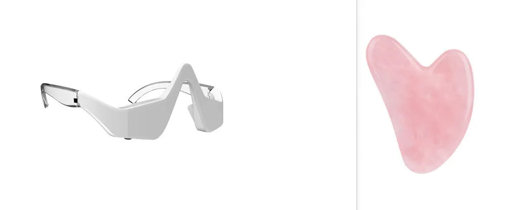 Pink and white 3D micro-current eye massager with glasses-style design on a grey background.